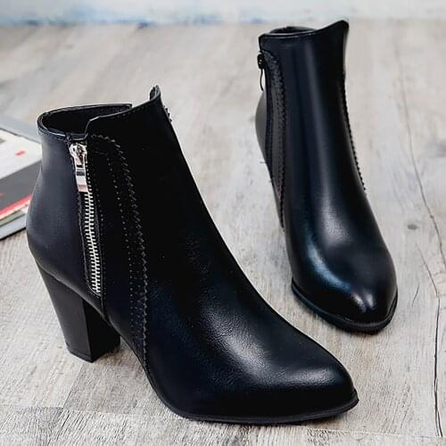 Womens Thick-heeled High-heeled Short Boots Plus Fleece Warm Low-top Boots