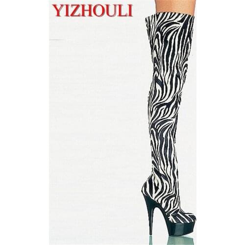 15cm Fashionable Zebra Horsehair Leather Platforms Womens Boots 6 Inch High Heel Shoes Sexy Thigh High Boots