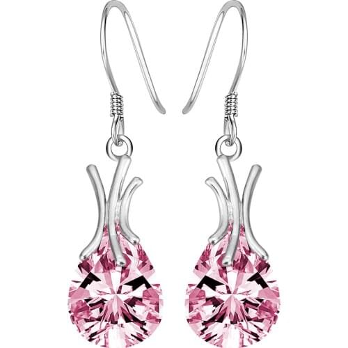 Women Dangle Earrings with Stones 2018 Silver color Plant Jewelry Crystal Created White cz Earring Pink Purple Brincos De Prata