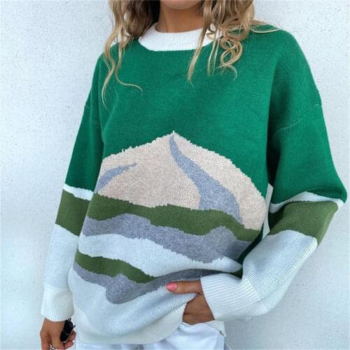 Women Knitted Color Block Loose Sweaters Long Sleeve Preppy Style Sweater Girls Autumn Winter Fashion All-Match Ladies Knitwear