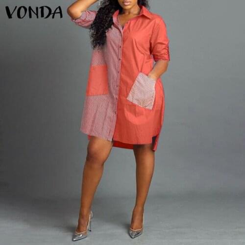 Women Office Shirt Dress 2021 VONDA Vintage Long Sleeve Lapel Collar Button Up Striped Dress With Pockets Casual Vestido Robe