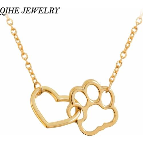QIHE JEWELRY Heart & Dog Paw Charm Necklace Puppy Foot Print Lover Pet Jewelry Best Gifts For Women