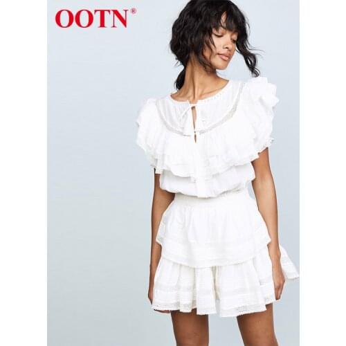 OOTN Round Collar Ruffled Womens Dress Hollow Out Mini Dress Party Clud Sexy Lace Dress Short Sleeve Elegant Solid Summer 2020
