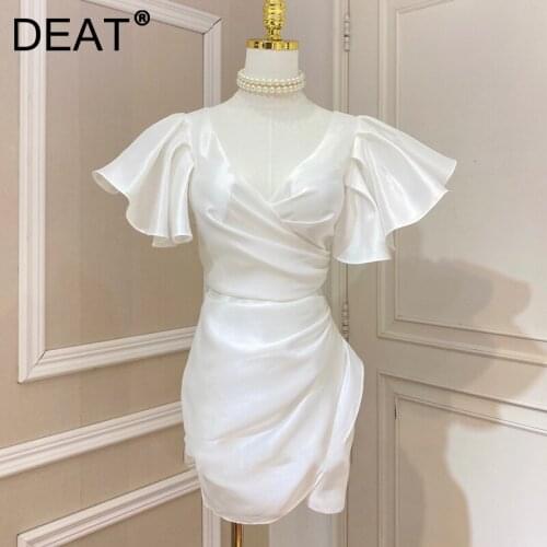 DEAT Women Dress Pink Flying Sleeve V Neck Ruffles Slim Waist High Street Style Elegant Dresses 2021 New Summer Fashion 15JK234