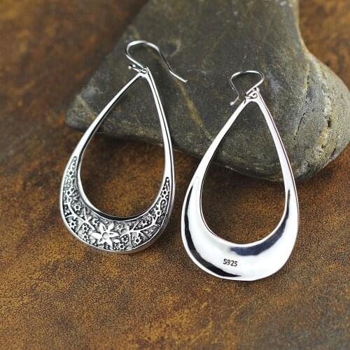 100% 925 sterling silver handmade carved pattern earring jewelry hyperbole water drop flower leaves drop earrings women gifts