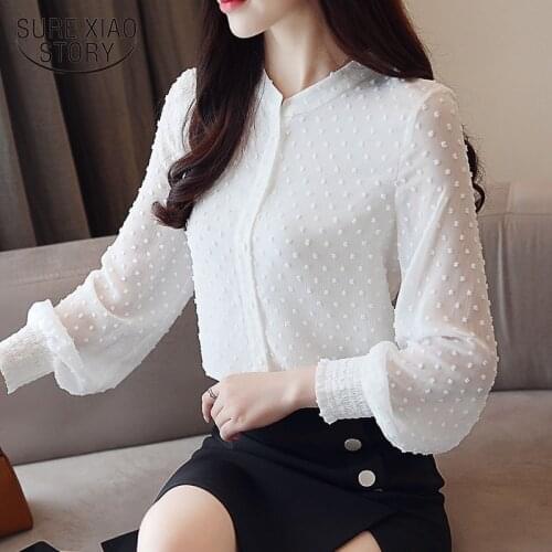 2021 New arrived women shirt sweet female V collar wave point long-sleeved suntan women blouse Korean style OL blusa 0974 30