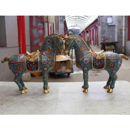 45cm China Bronze Copper Cloisonne Palace Enamel Lucky Animal Horse Statue Pair
