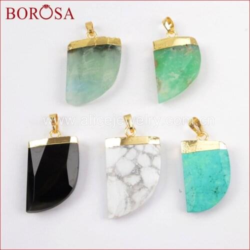 BOROSA 5PCS Gold Color Multi-kind Stones Faceted Horn Pendant Beads Druzy Green Howlite Stone Gems Pendant for Necklace WX801