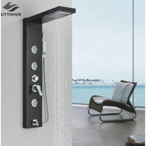 Black Bath Shower Faucet Waterfall Rainfall Shower Head Massage Jets Bathroom Shower Mixer Column Panel Bathtub Taps