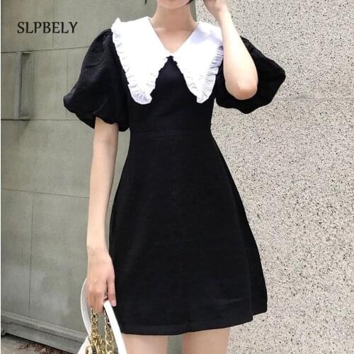 SLPBELY Elegant Black Dress Summer French Sweet Doll Collar Puff Sleeve Casual Korean Vacation A Line Dress Vestido Sundress NEW