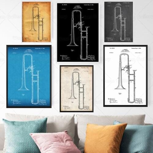 Canvas Painting Vintage Slide Posaune 1902 Patent Wand Musik Blaupause Poster Leinwand Malerei Druck Wand Décor Living Home