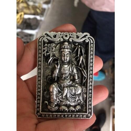 China Collectible Handwork Old miao silver carving Guanyin bodhisattva Kwan-yin Buddha pendant necklace metal handicraft