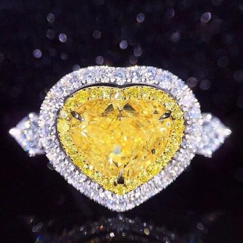 18K White Gold DF Color 1ct Yellow Heart Cut Moissanite Halo Ring Lab Grown Diamond Side Pear Stone Wedding Ring For Women