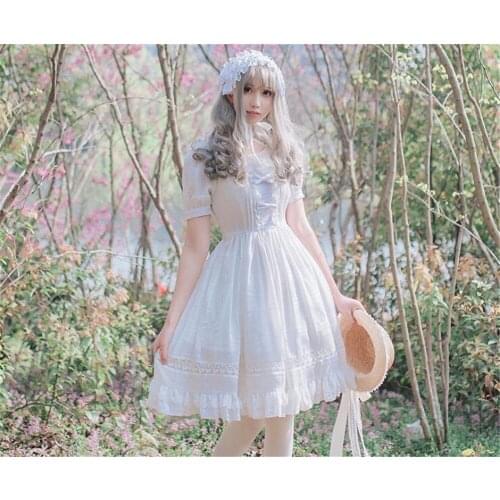 Girls Summer Gothic Lolita Dress White Black Chiffon Short Sleeve Lace Princess Dress Birthday Gift For Women B642