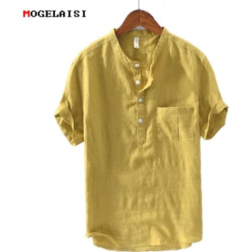 New solid linen shirt men summer short sleeve cotton linen tops for man pocket green comfortable soft summer shirts HS-744