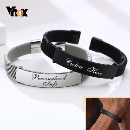 Vnox Personalized Engrave Mesh Band ID Bracelets for Men Women,Stainless Steel Metal Cuff Bangles,Custom Wristband Gift Jewelry