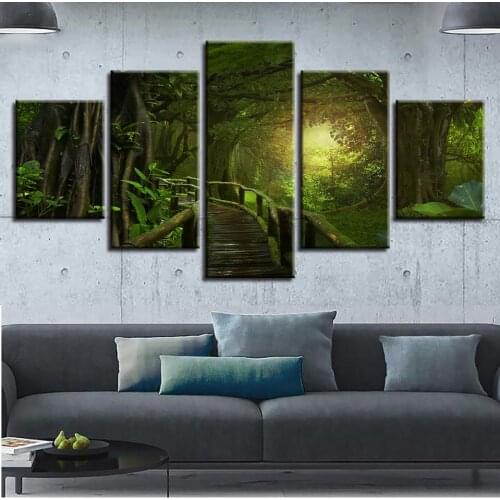 Wall Art Picture Decor Printing 5 Pieces Green Forest And Woods Bridge Sunshine Natural Landscape Canvas Painting (No Frame)