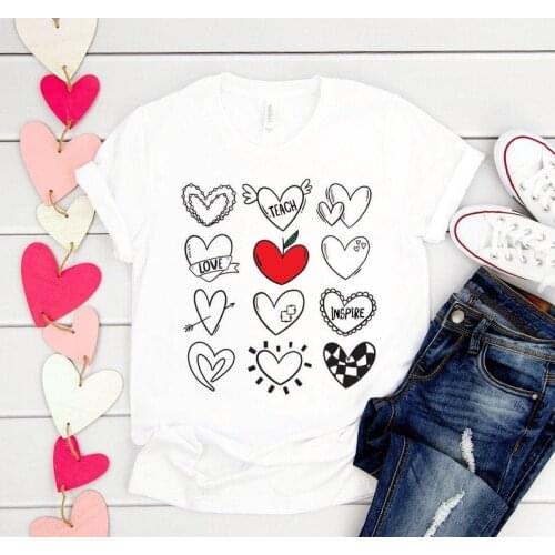 Teach Love Inspire Cute Heart Teacher Valentines Day Shirt Fashion Graphic Women Tshirts Korean O Neck Casual Short Sleeve tops