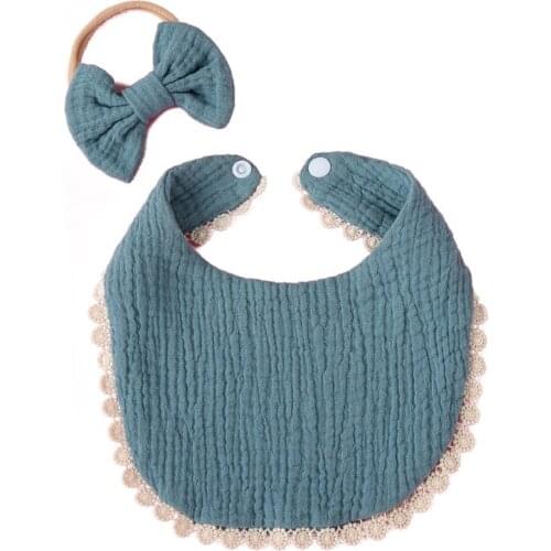 2 Pcs Baby Girls Elastic Bow Headband Saliva Towel Set Princess Bowknot Hair Band Bib Kit Soft Cotton Solid Color Feeding Burp