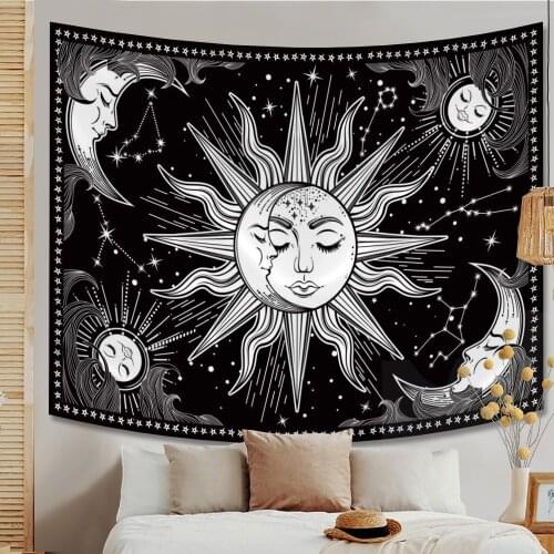 Psychedelic Sun and Moon Tapestry Black Wall Hanging Bedroom Aesthetic Wall Art and Home Decor for Bedroom Living Room Dorm