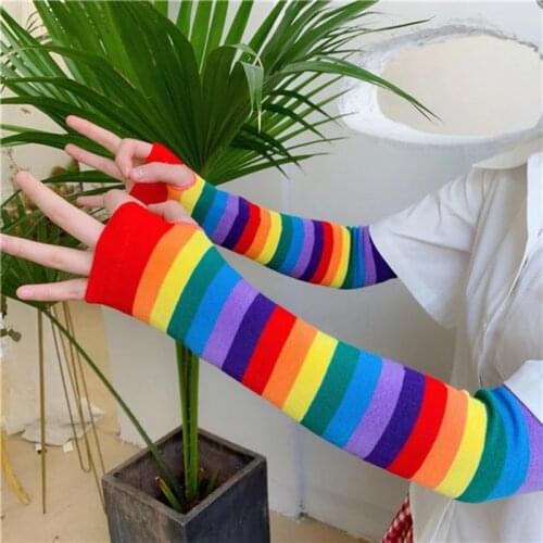 Rainbow Color Anti-sunburn Fingerless Gloves Arm Sleeve Striped Knitted Elbow Length Warmer Gloves Halloween Cosplay Mittens