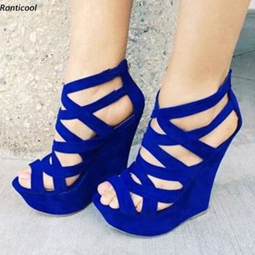 Ronticool Handmade Women Summer Sandals Hollow Out Wedges High Heels Open Toe Black Blue Red Casual Shoes Size 38 47 52