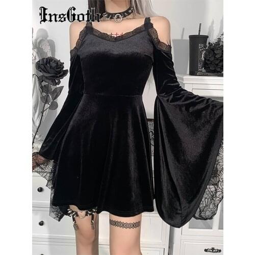 InsGoth Goth Sexy Flare Sleeve Black Dress Y2K Harajuku High Waist A Line Mini Dresses Off Shoulder Punk Halloween Autumn Dress