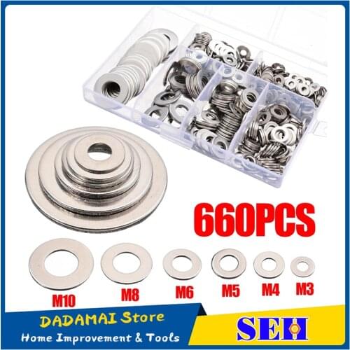 660pcs M3 M4 M5 M6 M8 M10 Stainless Steel Washer Plain Washer Kit Screw Fastener Hardware Assortment Accessories