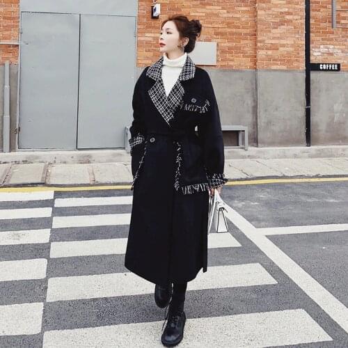 Woolen Coat Female Long Temperament Korean Loose Thick Straight Belt New Ladies Cloak Fashion Lattice Stitching Womens Jacket