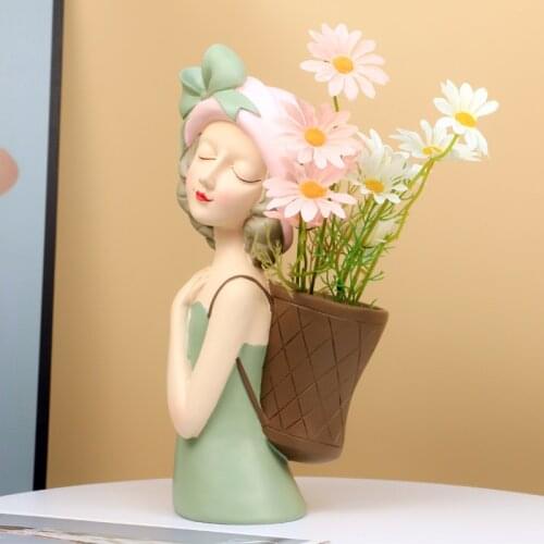 Nordic Resin Girl Sculpture Vase Ornaments Home Decoration Accessories Living Room Desktop Flower Arrangement Vases Decorative