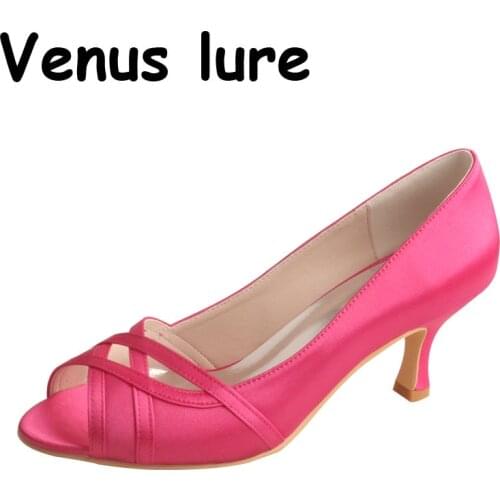 6.5CM Heel Peep Toe Shoes for Women Wedding Party Fuchsia Color Satin Pumps
