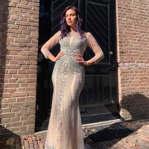 Luxury Full Sleeve Rhinestone Evening Dresses Long Mermaid Formal Dress Nude Evening Gown O Neck