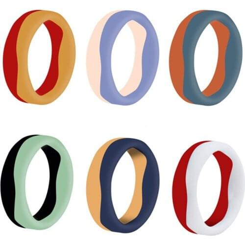 Julie Wang 6PCS/Set Women Bicolor Silicone Ring Fashion Party Outdoor Sport Grooved Wedding Gift Cocktail Rings 4-10 US Szie