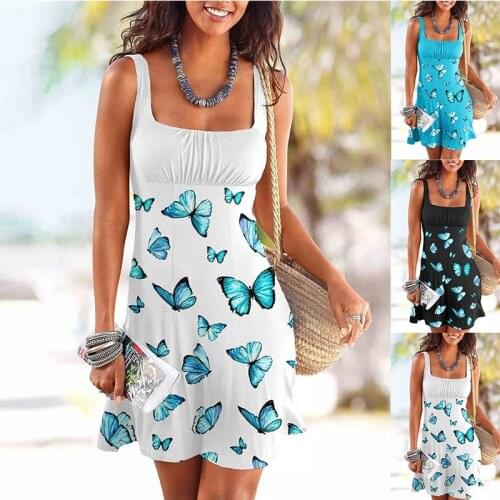 2021 Women Summer Fashion Square Collar Butterfly Print Backless Plus Size Sundress Beach Style Camisole Loose Mini Female Dress