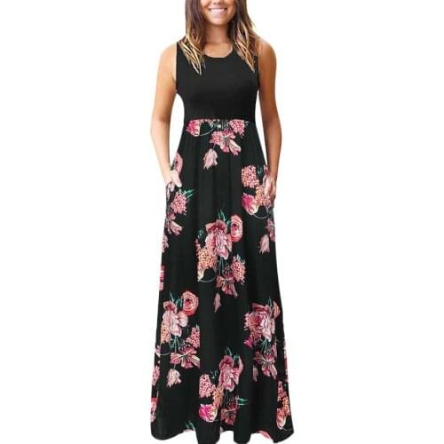 Autumn Women Rose Flower Print High Waist O-Neck Sleeveless Sling Holiday Beach Long Dress Robes