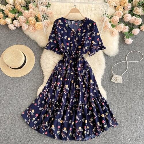 SINGREINY Women Korean Floral Dress V Neck Short Sleeve A-line Ruffles Dresses Summer Bohemian Print Vacation Beach Short Dress