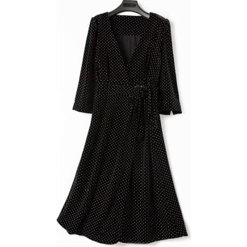 2021 New Women Warp Midi Dress Lady V-Neck Silk Velet Dot Print Female Waist Lace-up Three Quarter Sleeve Long Dresses