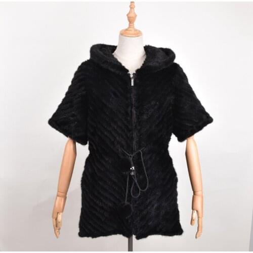 100% Real Mink Fur Coat Women Winter New Fashion Slims Medium Long Genuine Natural Mink Vests Knit Fur With Hood Female Jacket