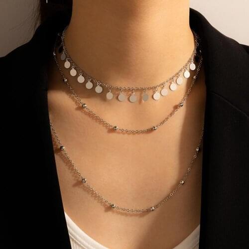 Docona Multilayer Sliver Color Round Beads Clavicle Chains for Women Bohemia Sequins Tassel Metal Necklace Jewelry Collar 17069