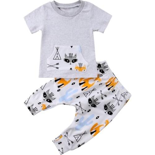 Summer Casual Newborn Kids Baby Boy Outfit Short Sleeve Pocket Print Top T-shirt Pants Leggings Clothes Set Cotton