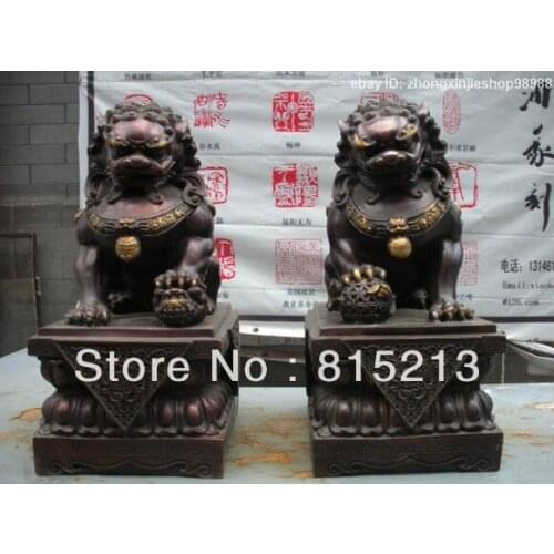 Wang 000268 17"China Royal Red Bronze Palace Evil Door Fu Foo Dog Lion Statue Pair