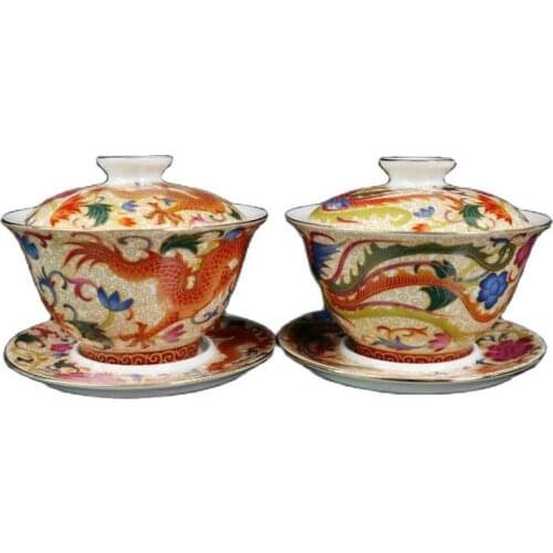 Chinese Old Porcelain A Pair Of Gold-Painted Pastel Dragon Phoenix Pattern Bowls Fu Tea Bowl