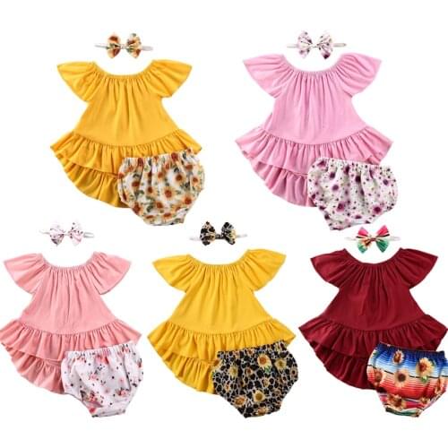 0-24M Newborn Infant Baby Girls Clothes Sets 3pcs Ruffles Solid Dress Tops+Flowers Print Shorts+Headband