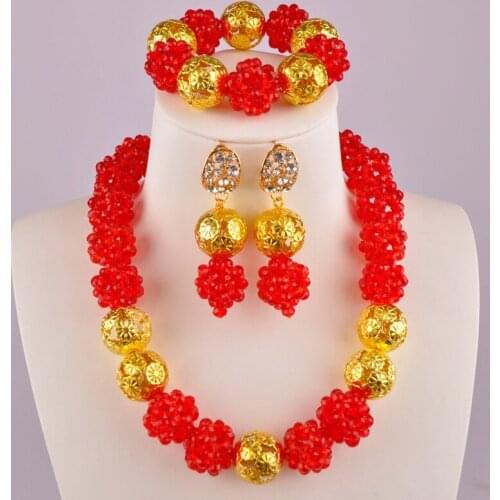 Red African Beads Jewelry Set Crystal Ball Beaded Nigerian Wedding Necklace Bridal Jewelry Sets