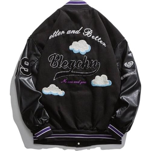 2021 New Stitching PU Leather Black Jacket Oversize Loose Womens Boyfriend Style Baseball Jacket Bomber Varsity Unisex Couple