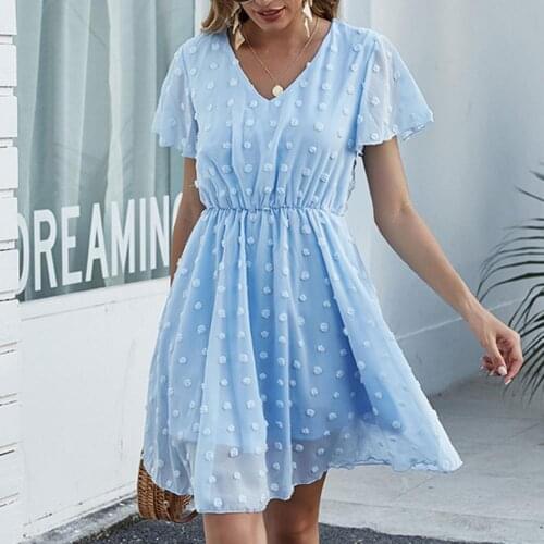 Summer Women Dress Blue Dot Flower V-Neck High Waist Short Sleeve Solid Color Beach Dress Ladies Party Vestido Female Boho Dress