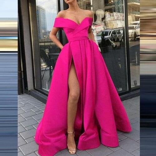Summer 2021 Women Hot Selling Off Shoulder Sexy V-Neck High Split Short Sleeve A-Line Evening Party Dresses Backless Prom Dress
