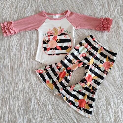 2020 hot sale boutique Christmas fall Pumpkin Designs 2pcs Long Sleeve Plus Sizes Ruffle Kids Clothing Toddler Sibling Outfits