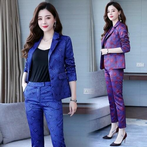 Fashion OL Office Lady Pant Suits woman Print suit Set autumn Pant Suits female professional wear overalls blazer two-piece