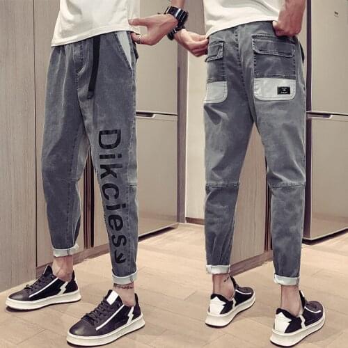 Mens jeans 2020 spring teenagers grey Denim models Slim feet brand street trend hip-hop loose wild belt cropped harem pants